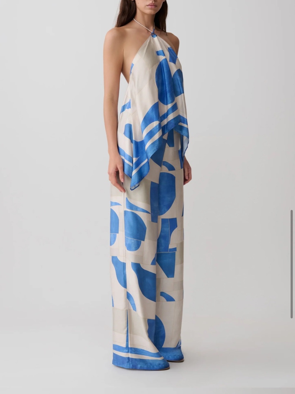 NWT MESHKI Rachel Satin Straight Leg Pants - Blue Geo Tile Print